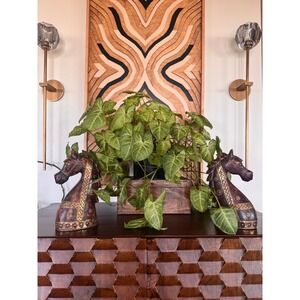 Vintage Hand Carved Wooden Horse Head Bust Statues Brass Metal Inlay Pair 2pc